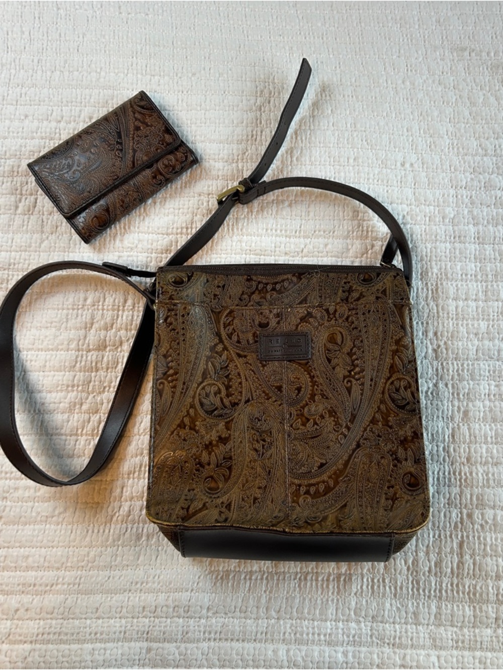 Relic Embossed Paisley Crossbody Bag with Matching Wallet - Brown